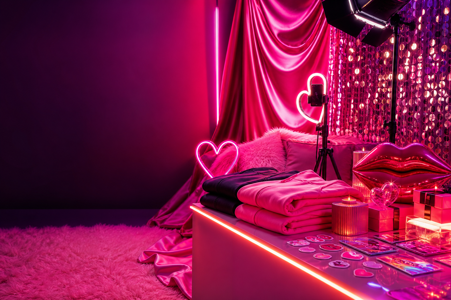 A neon pink creator studio with video gear and merch display
